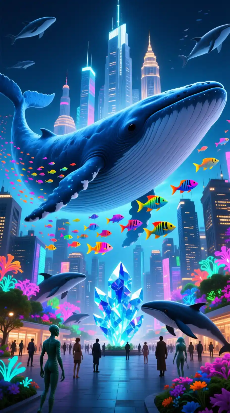 Ciudad bioluminiscente construida sobre el lomo de una ballena