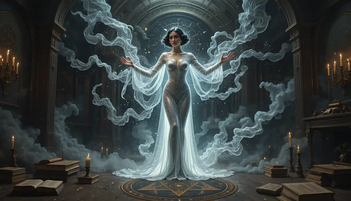 Vintage art deco woman in a starry cosmic scene