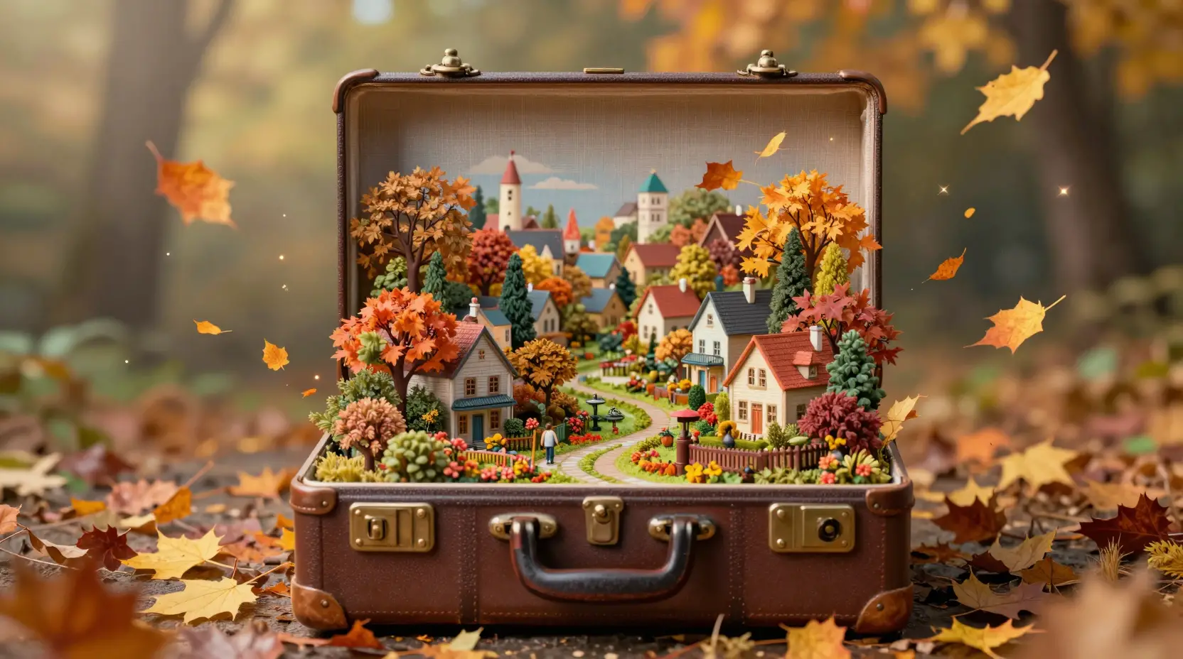 Vintage suitcase holding a tiny autumn village garden