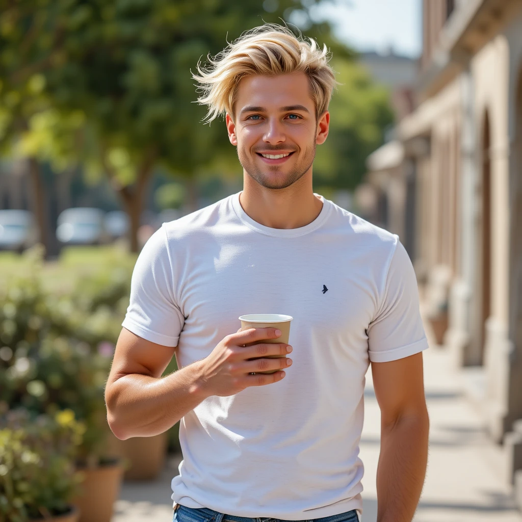 Young man with coffee outdoors on a summer day
