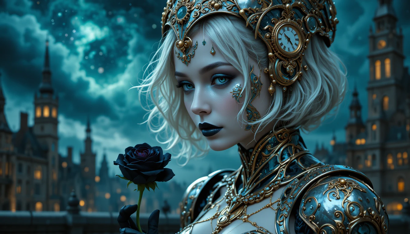 Gothic vampire woman holding a black rose at night