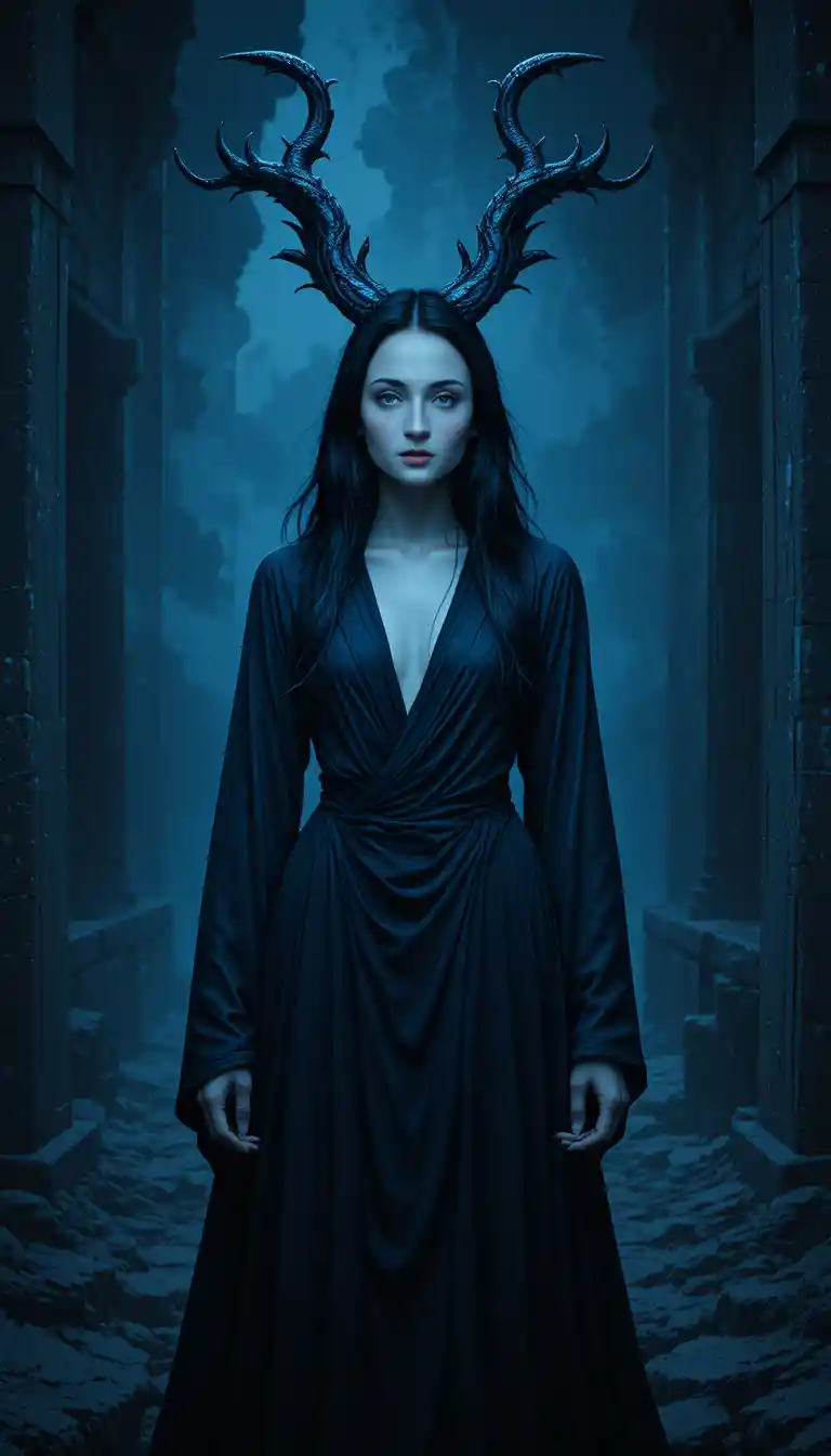 Horned mystical woman glowing in dark stone ruins