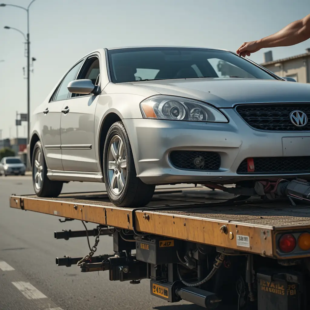 Silver sedan being winched onto a roadside flatbed tow truck