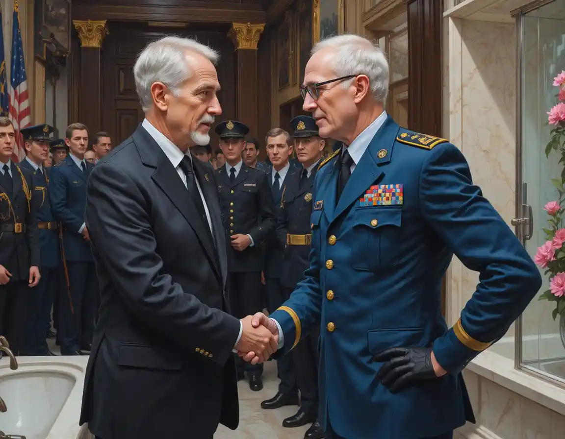 Homme d’affaires serrant la main d’un officier décoré en intérieur