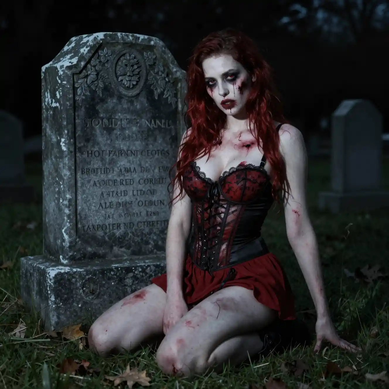 Seductive zombie woman resting against a graveyard tombstone