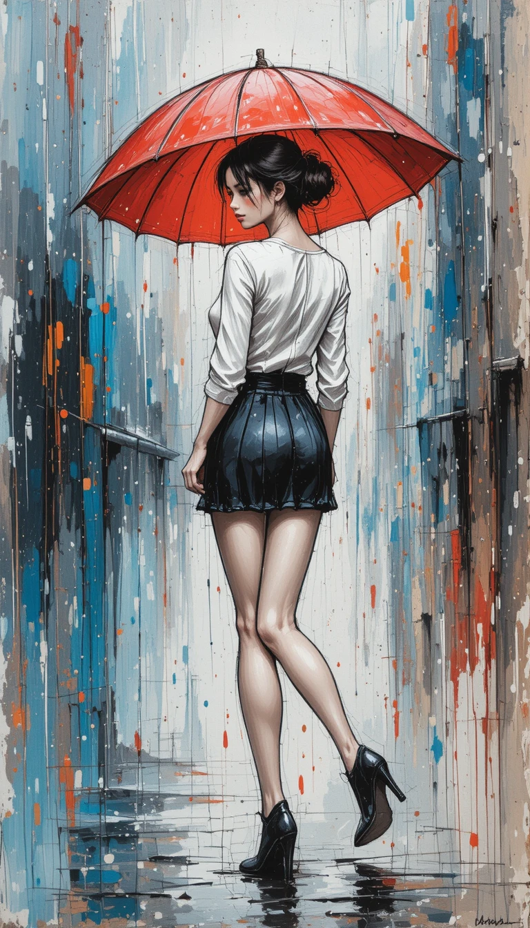 Femme élégante au parapluie rouge dans une rue de ville sous la pluie – peinture