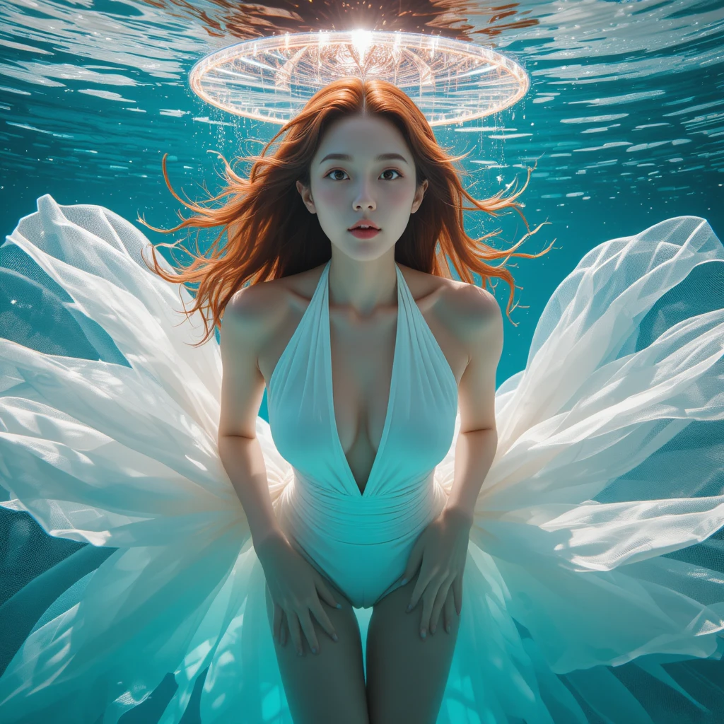 Playful Korean woman in white dress underwater spotlight