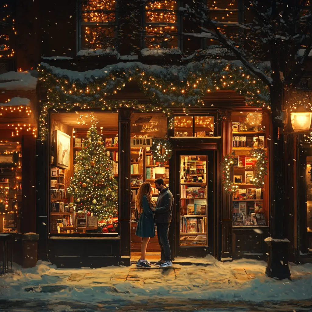 Romantic couple outside bookstore cafe at Christmas
