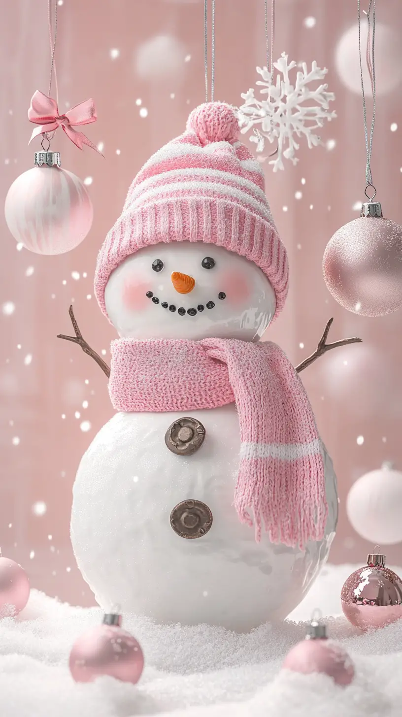 Cheerful Snowman In Soft Pink Winter Holiday Scene
