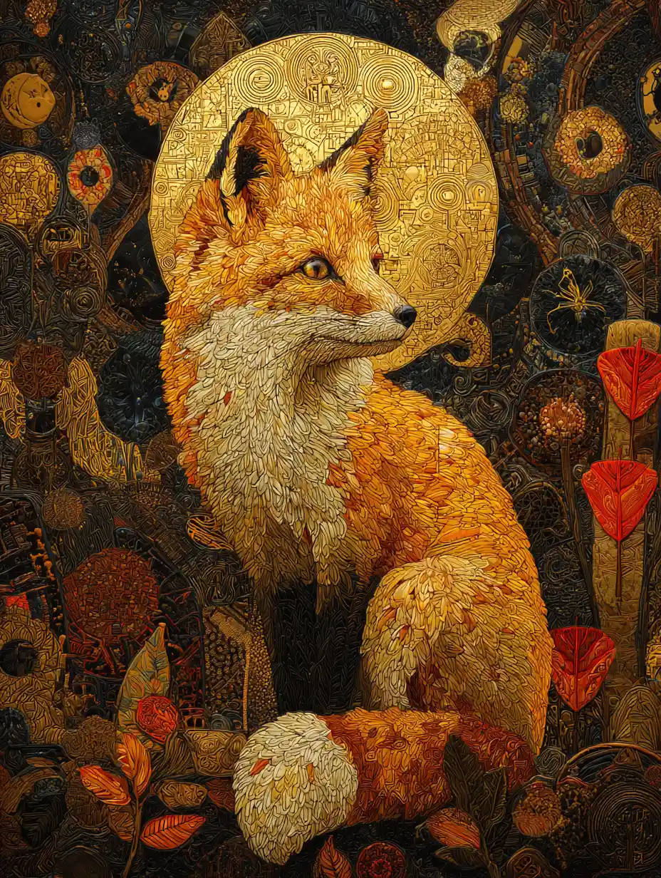 Surreal digital painting of a purring fox portrait