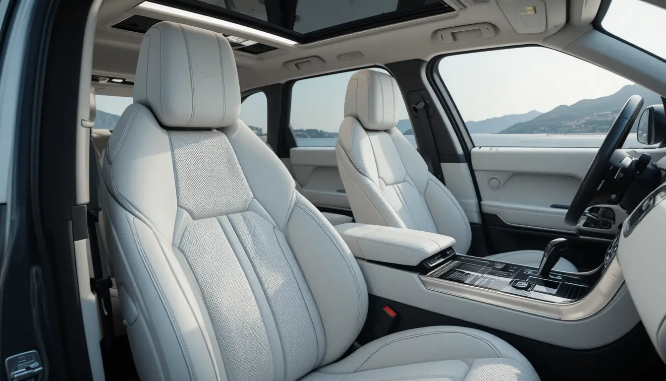 Luxury car front seats in bright leather showroom interior