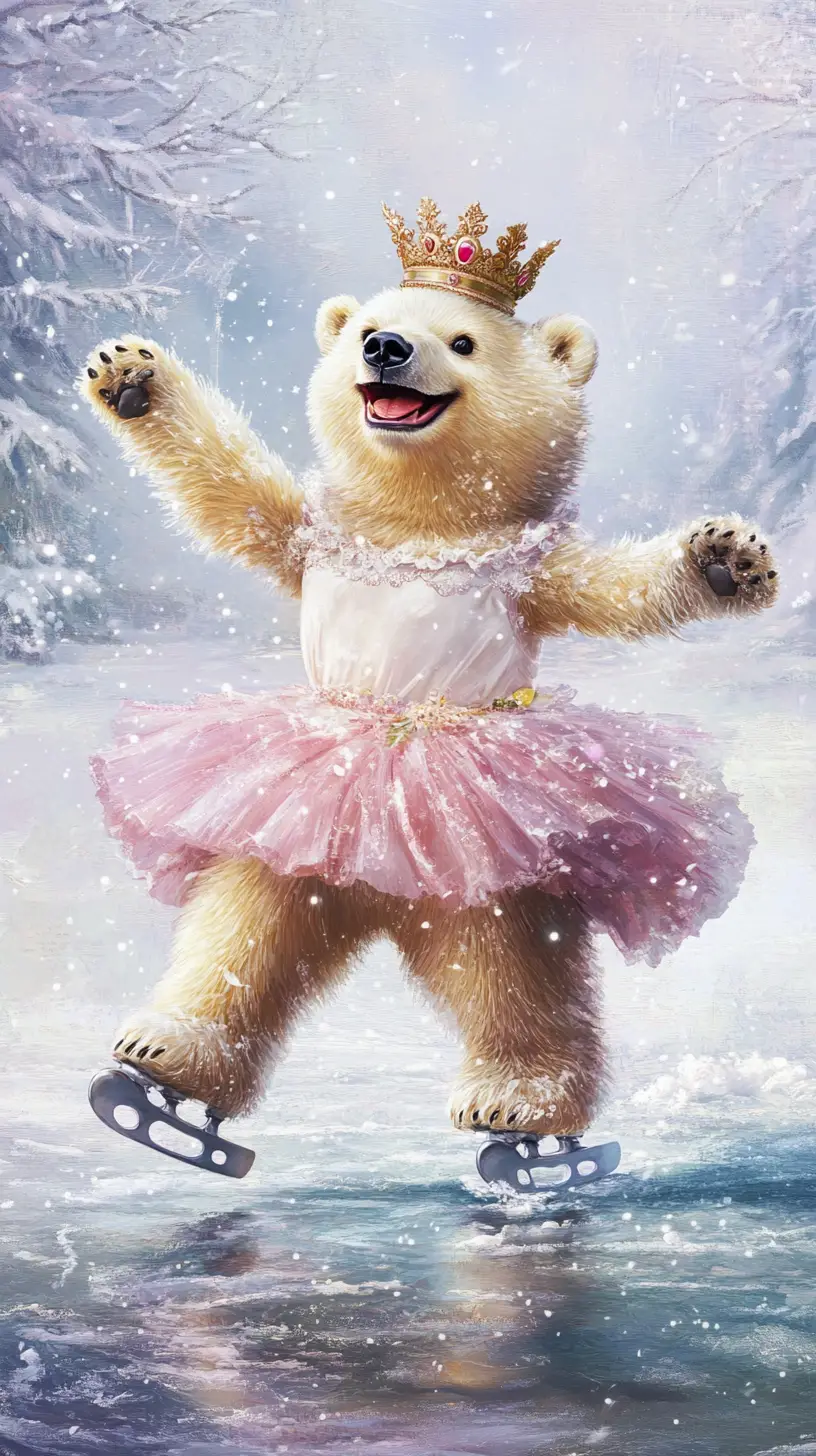 Joyful polar bear in tutu skating on frozen lake