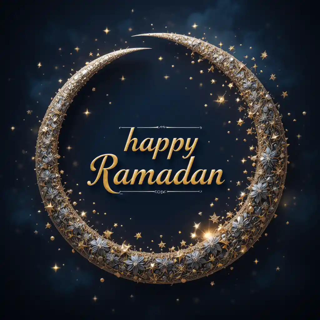 Luna creciente dorada y estrellas con el texto Happy Ramadan