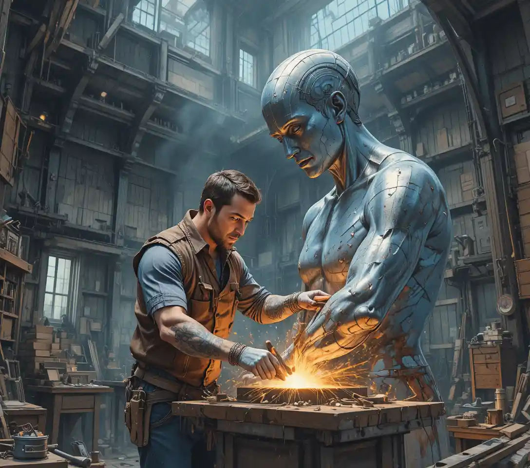 Mediterranean metalworker crafting a glowing abstract sculpture