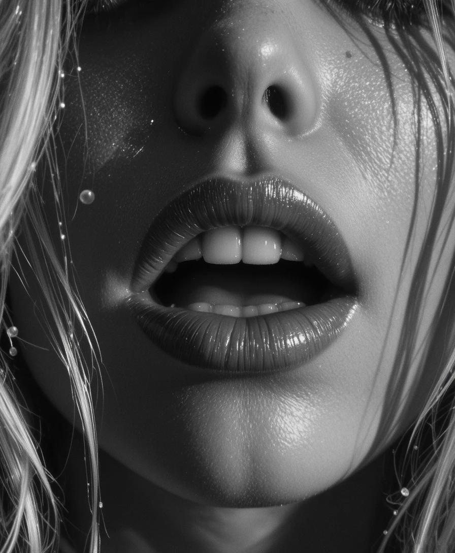 Extreme close up of wet lips in black and white
