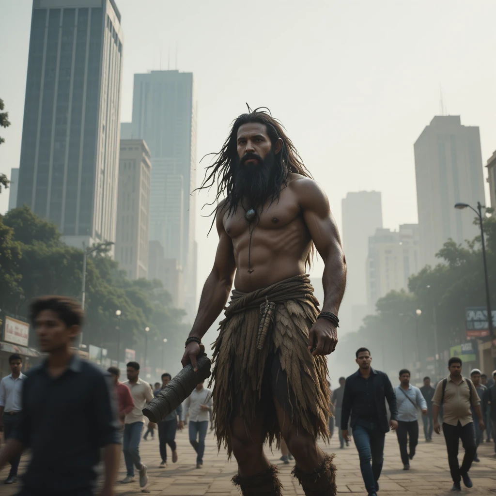 Primitive man standing in misty Patna city square