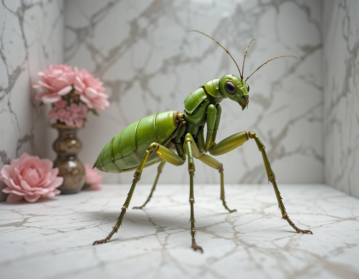 Green praying mantis on textured white background in profile