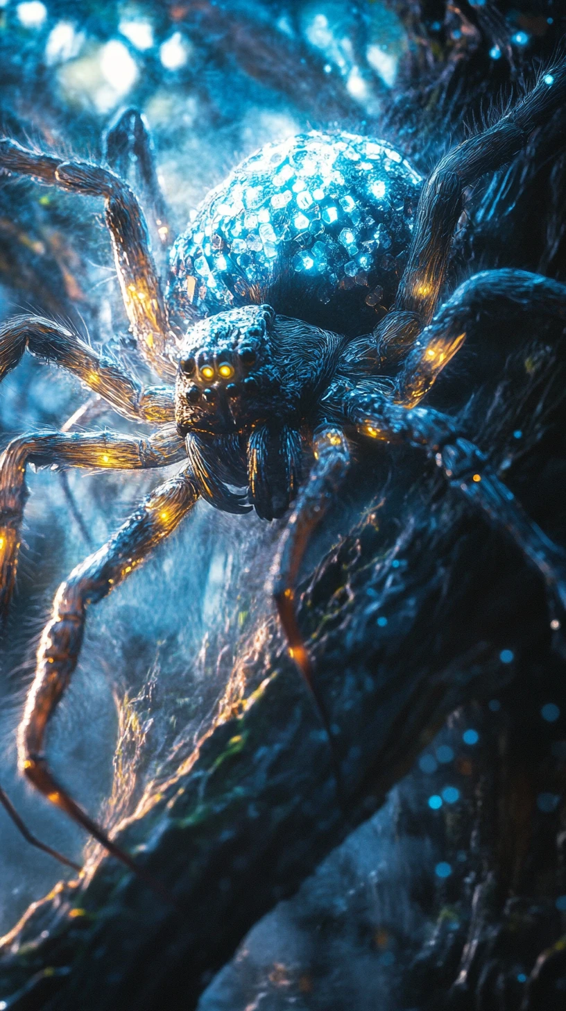 Neon Cybernetic Spider On Tree In Luminous Close Up