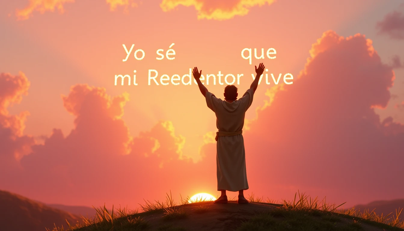 Man on sunrise hill raising arms toward glowing words