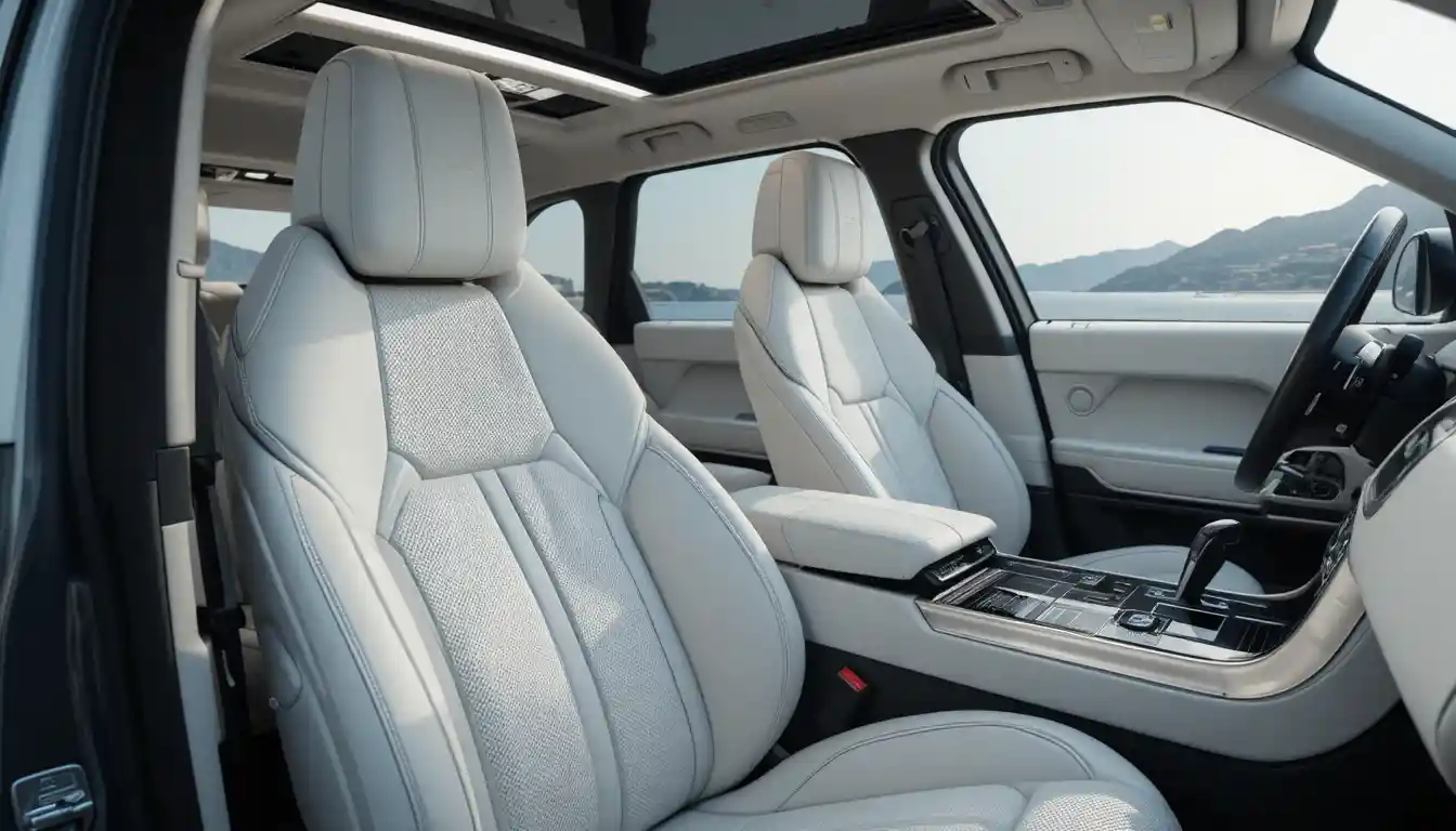 Asientos delanteros de coche de lujo en interior de showroom con cuero claro