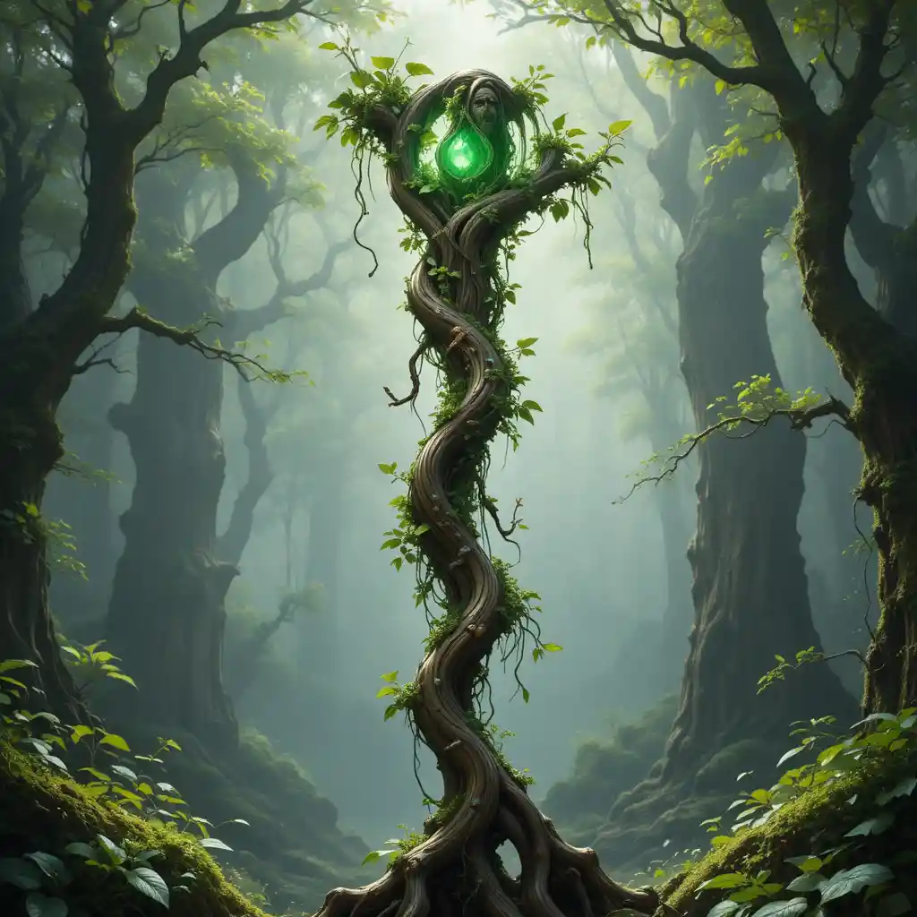 Cajado Druida de Madeira Viva Ancestral em uma Floresta Enevoada
