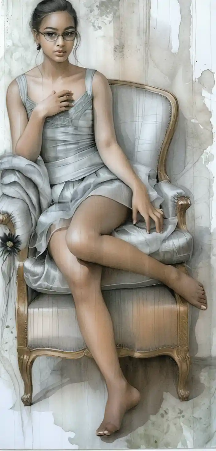 Young woman on green baroque armchair in satin and tulle