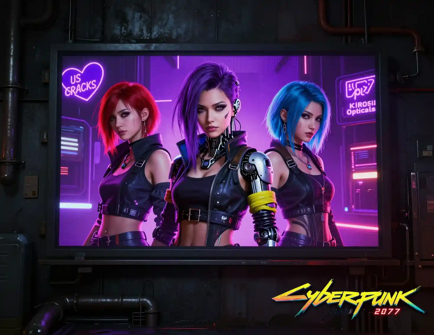 Cyberpunk rockband billboard glowing in a dark industrial street