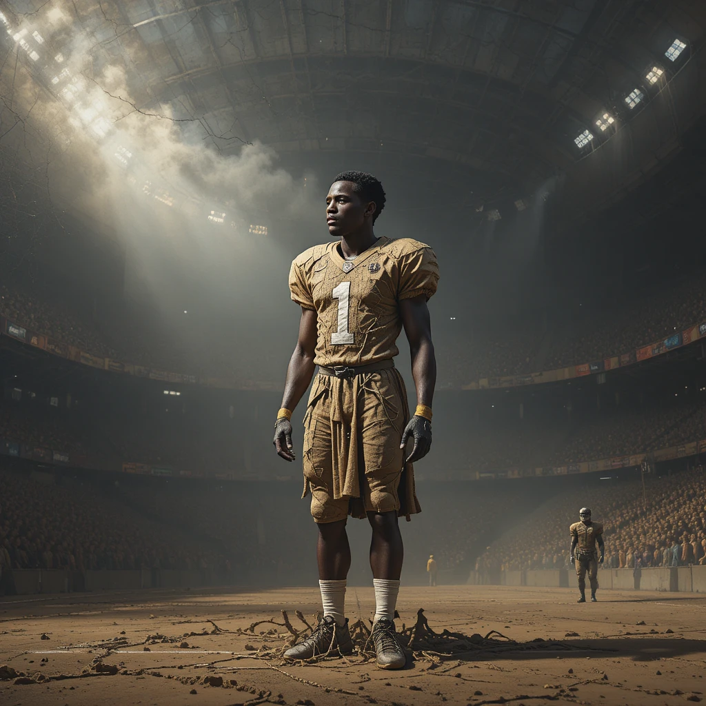Einsamer American-Football-Spieler in dunkler Stadionarena