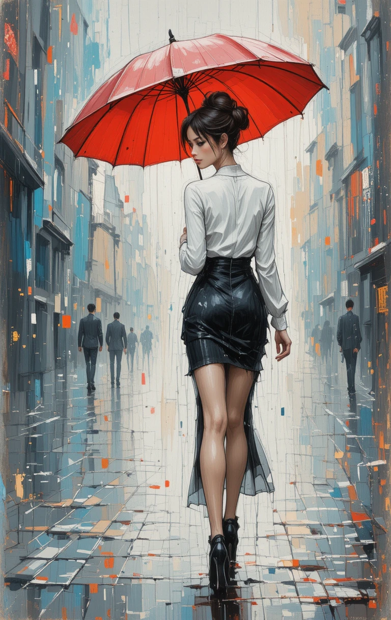 Elegant woman with red umbrella on rainy city street