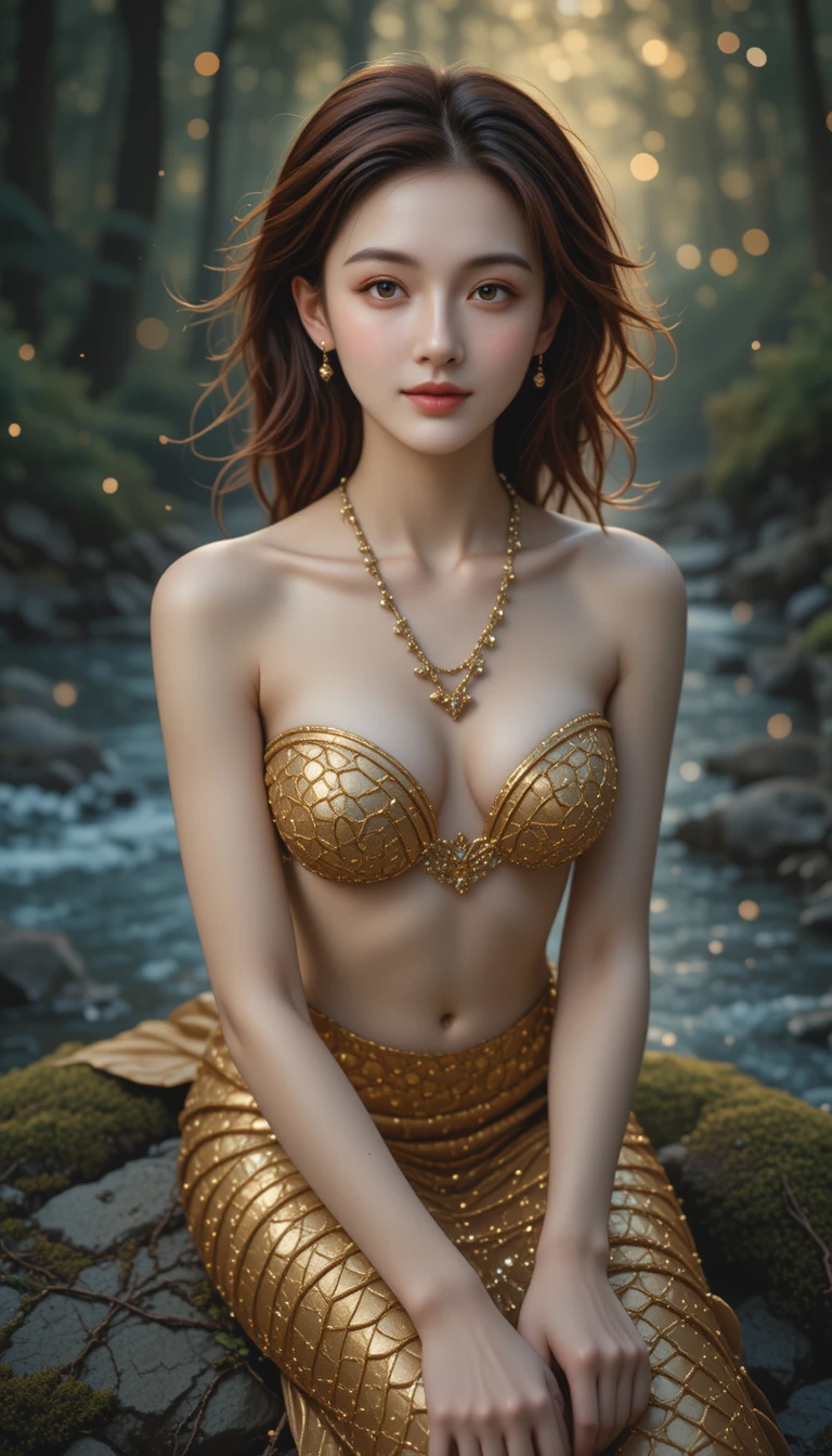 Red haired mermaid woman on a mossy river rock at dusk
