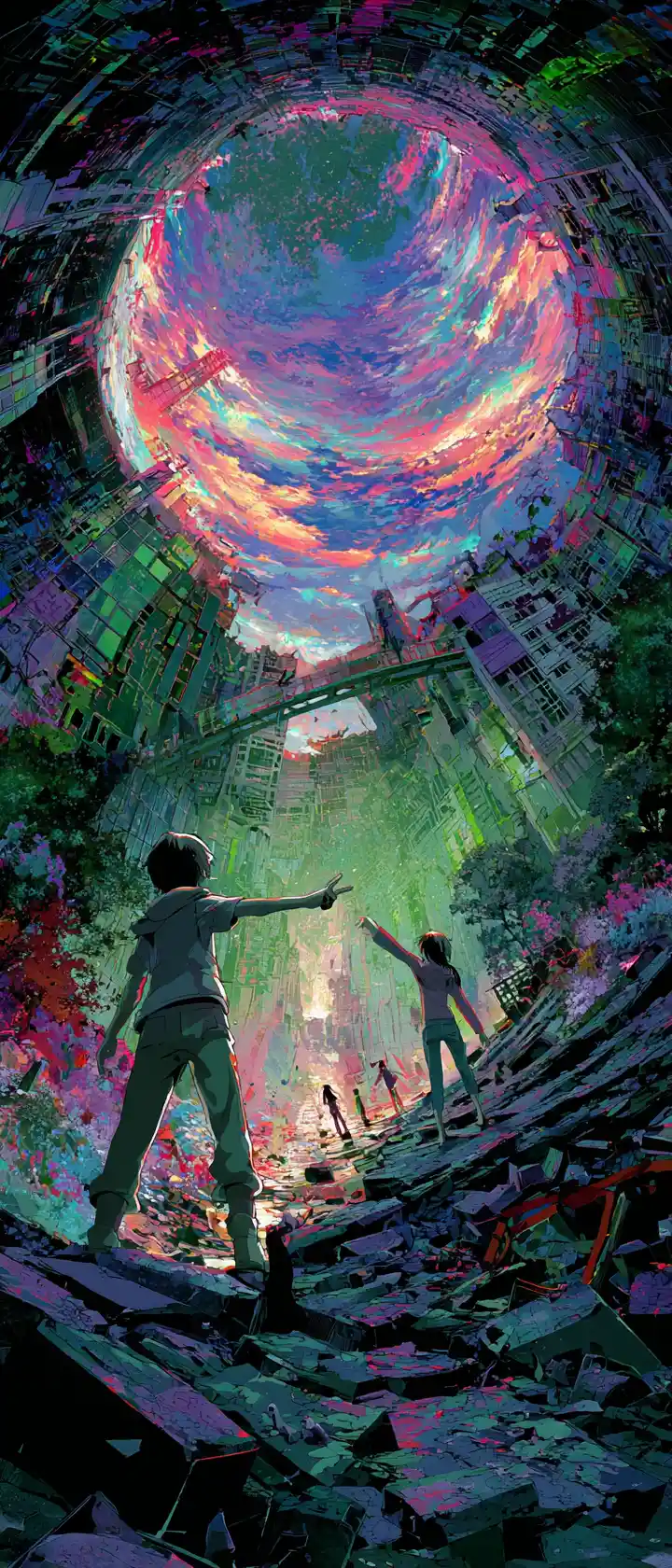 Anime portal linking lush fantasy world and metallic wasteland