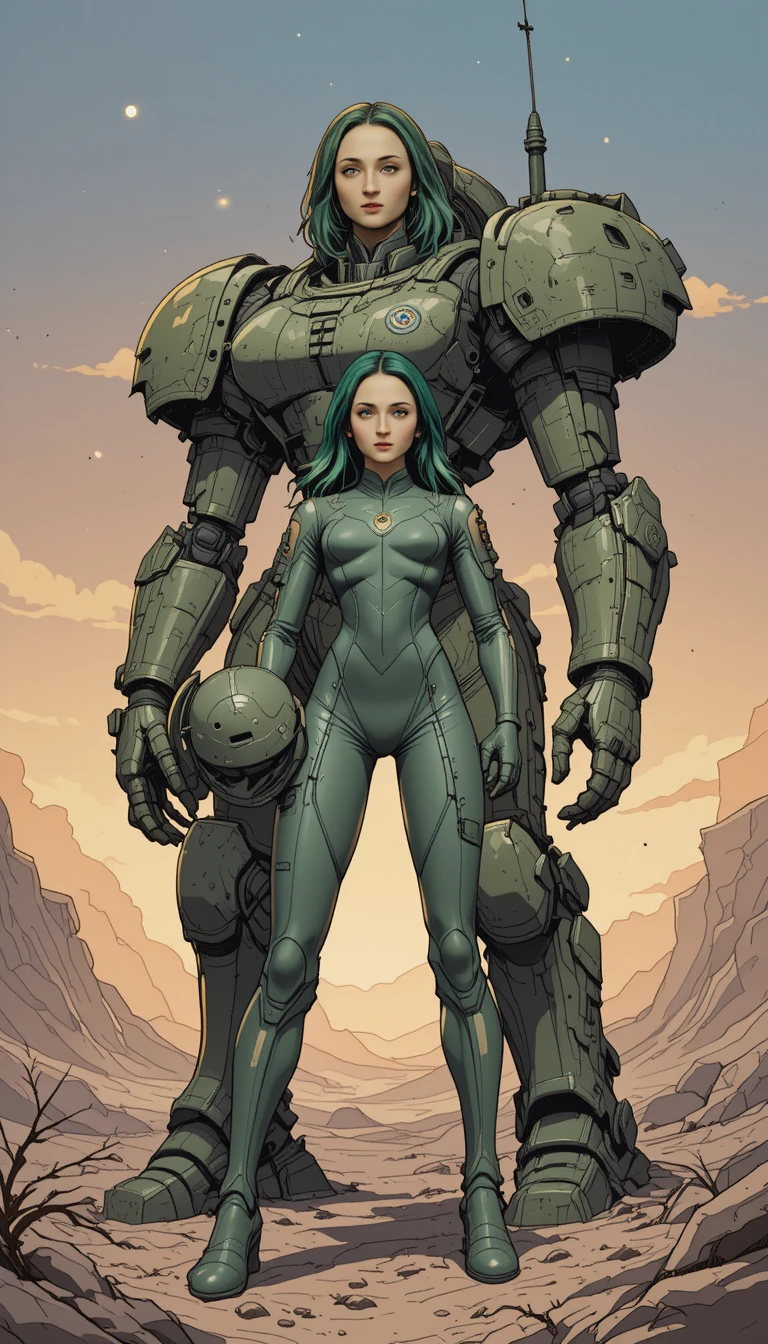 Green haired pilot with armored mech in rocky wasteland