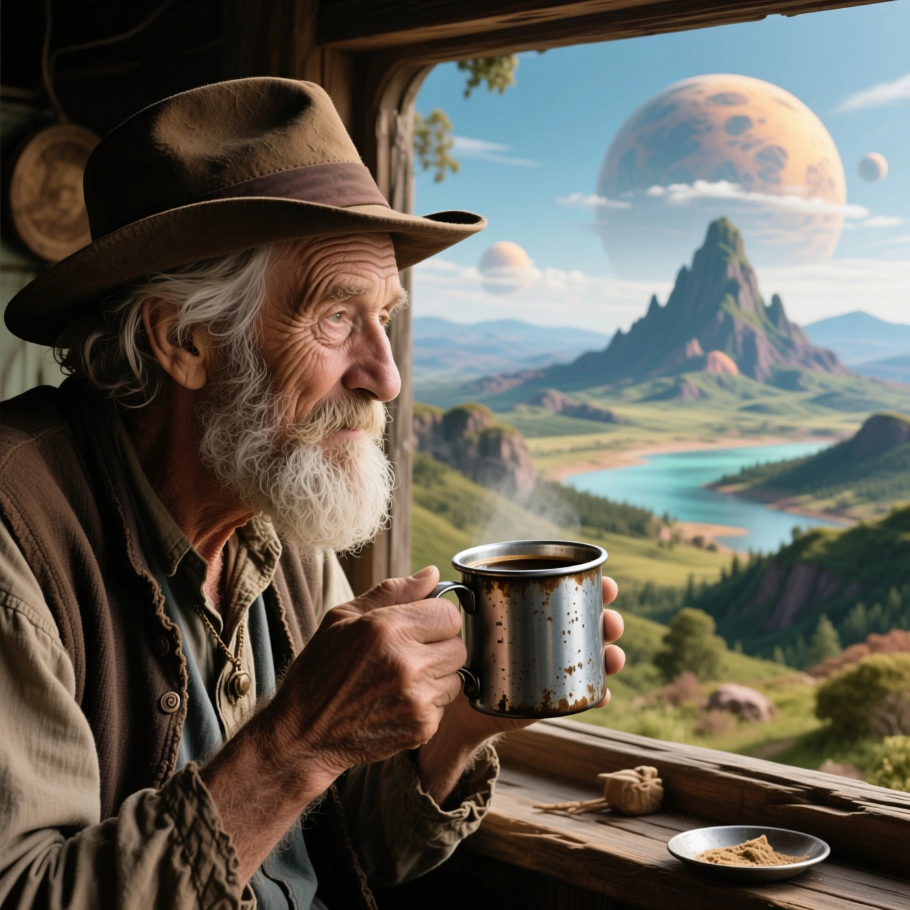Anziano che sorseggia caffè mentre osserva un paesaggio surreale e ultraterreno
