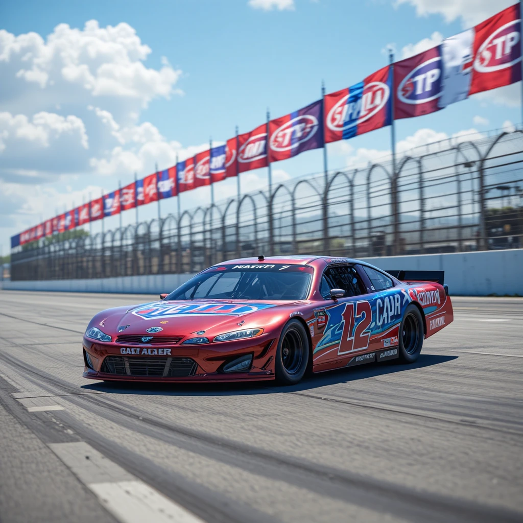 Roter und blauer Rennwagen rast über die Daytona-Strecke