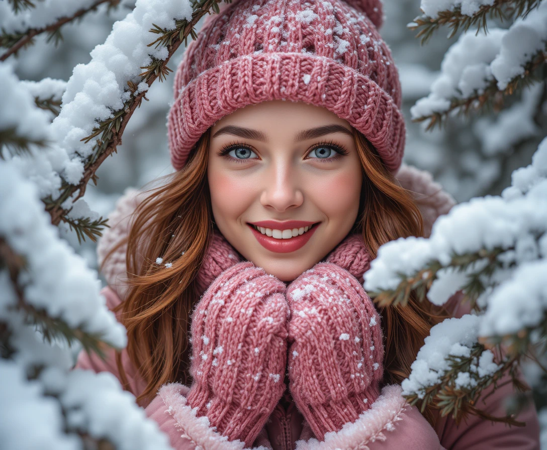 Joyful red haired woman in snow covered winter forest