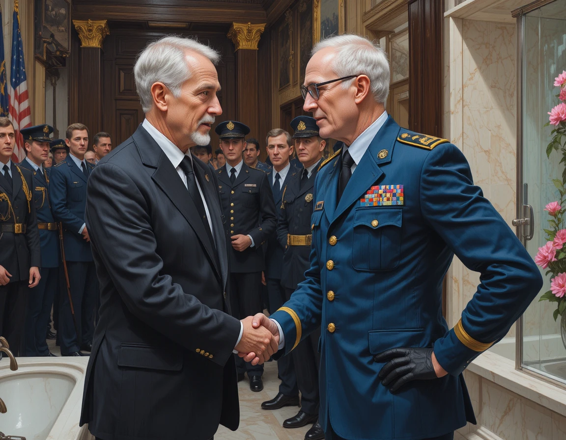 Homme d’affaires serrant la main d’un officier décoré en intérieur