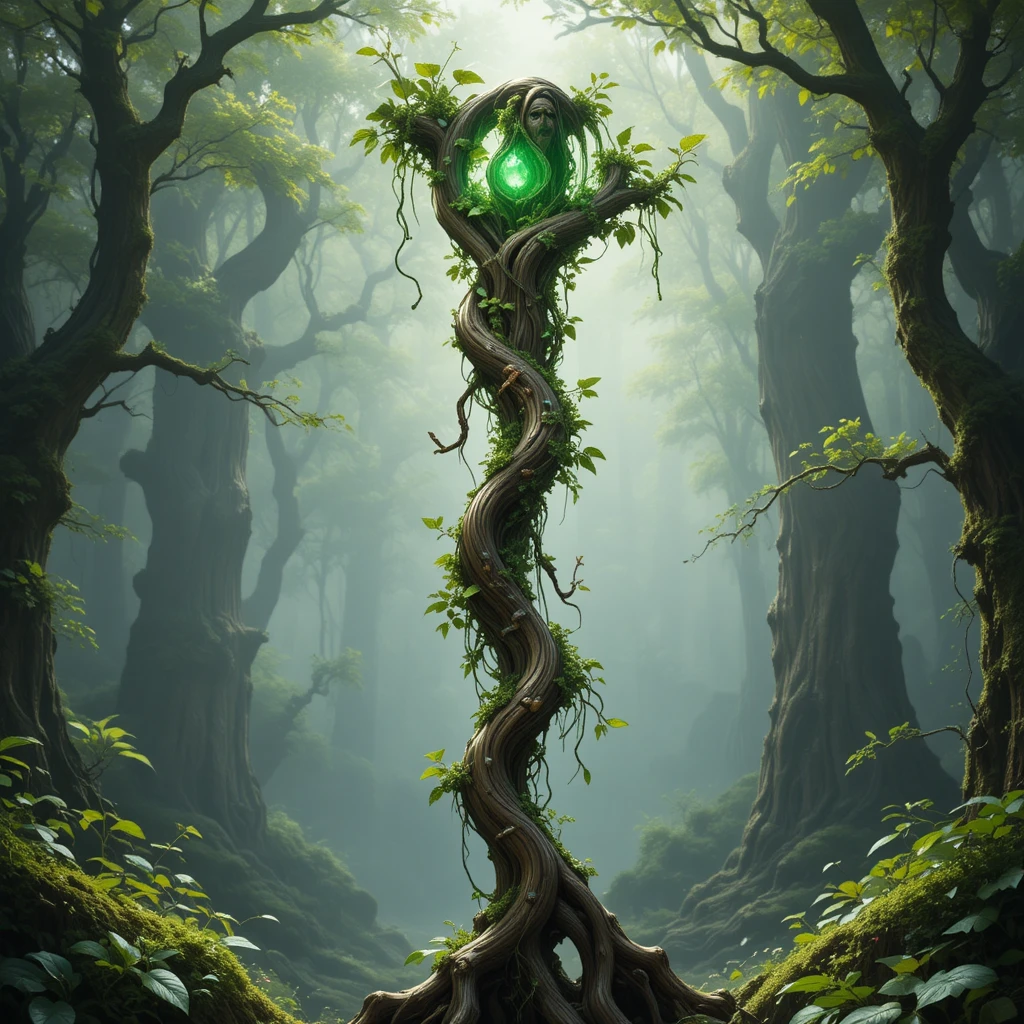 Cajado Druida de Madeira Viva Ancestral em uma Floresta Enevoada