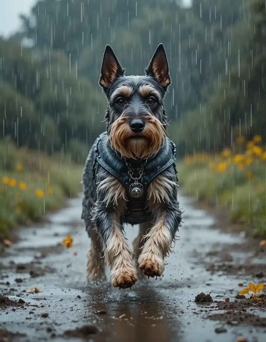 Warrior schnauzer dog running through heavy rain outdoors