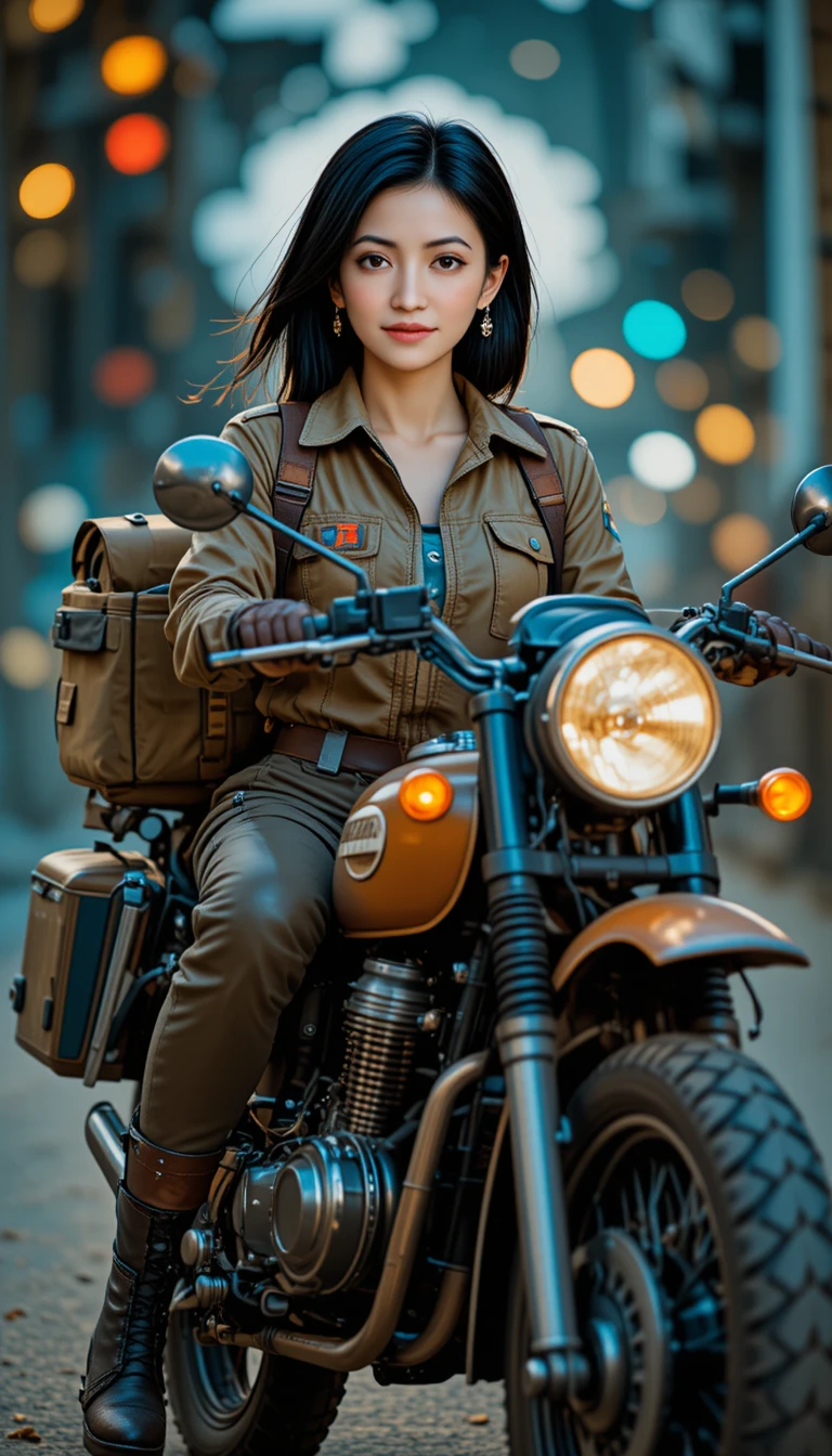 微笑的日本女子騎乘越野摩托車的波普藝術風格插畫