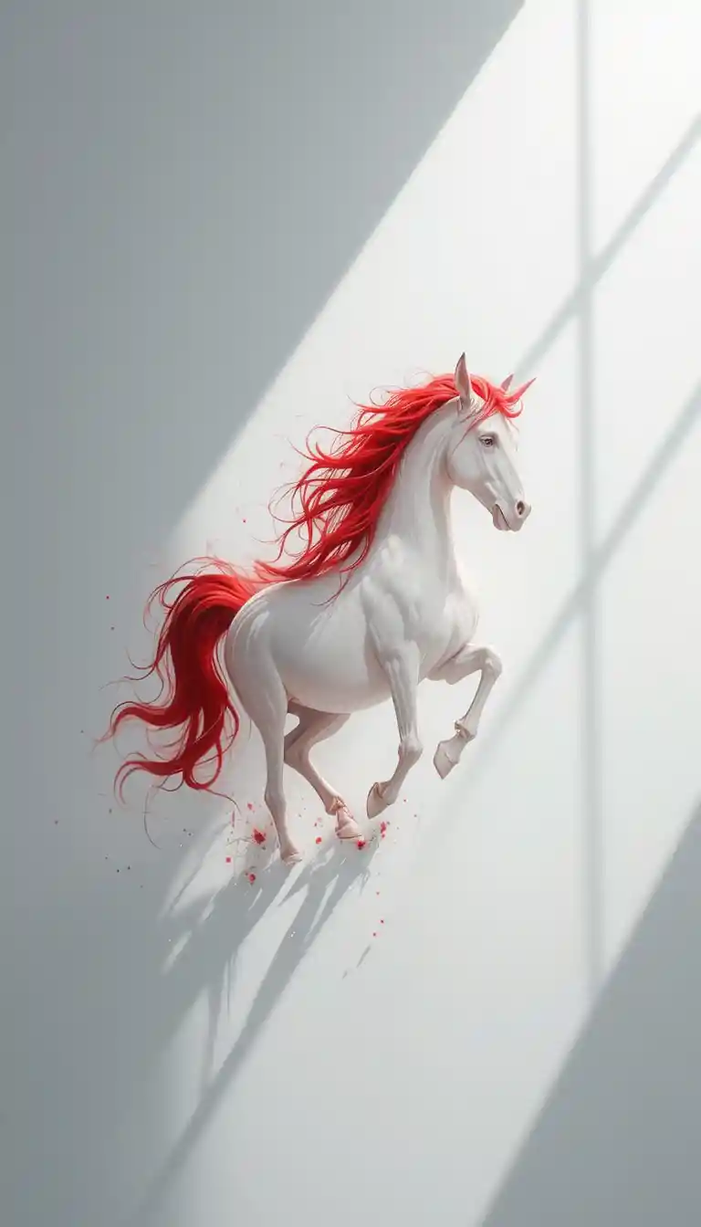 Silhueta minimalista de cavalo branco com crina vermelha vibrante