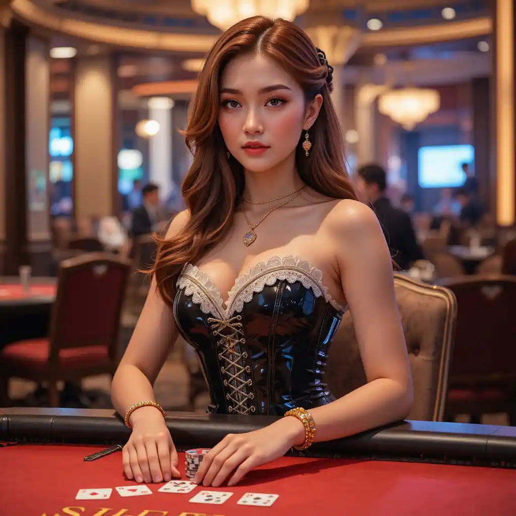 Apostadora coreana em perfil dramático na mesa de cassino