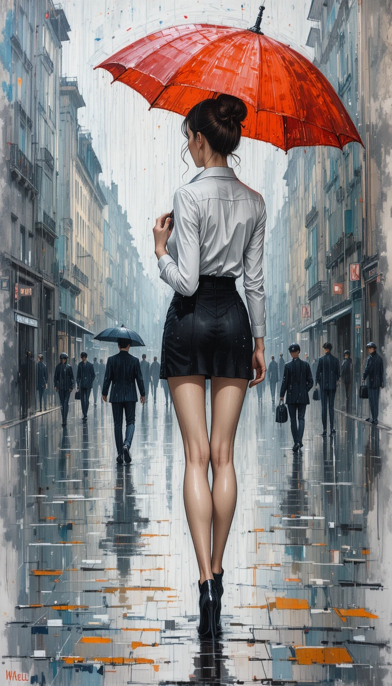 Femme élégante avec parapluie rouge dans une rue de ville sous la pluie