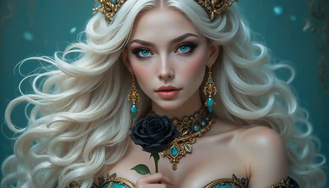 Gothic vampire widow holding a single black rose