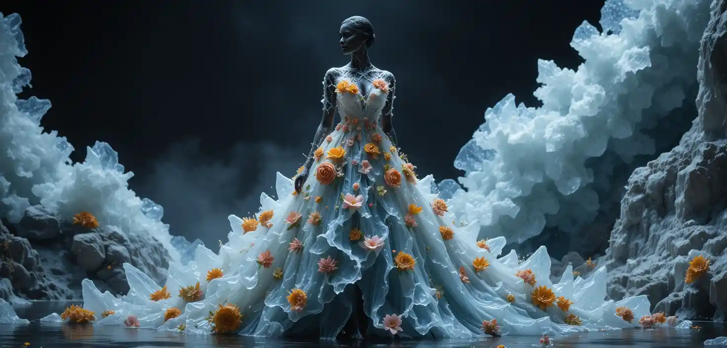 Couture dress woven from water and volcanic lava textures