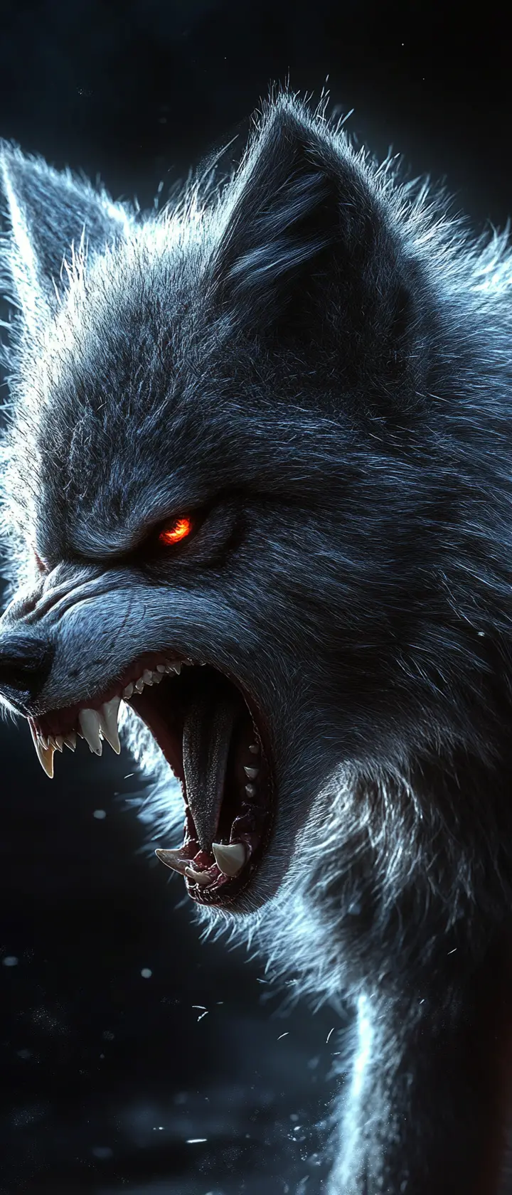 Angry silver wolf cub with red eyes in moonlight