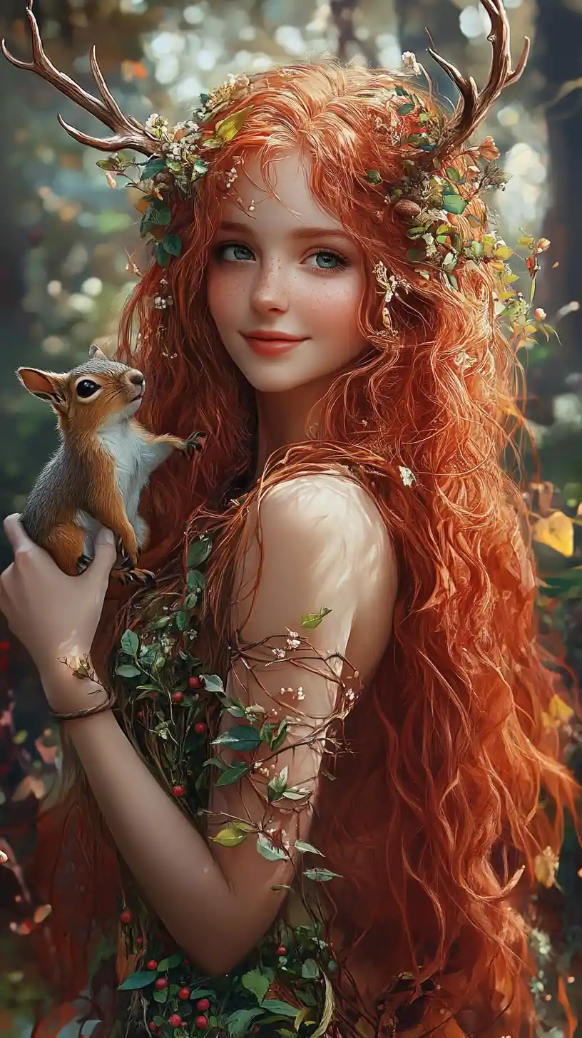 Forest girl with red hair and squirrel companion