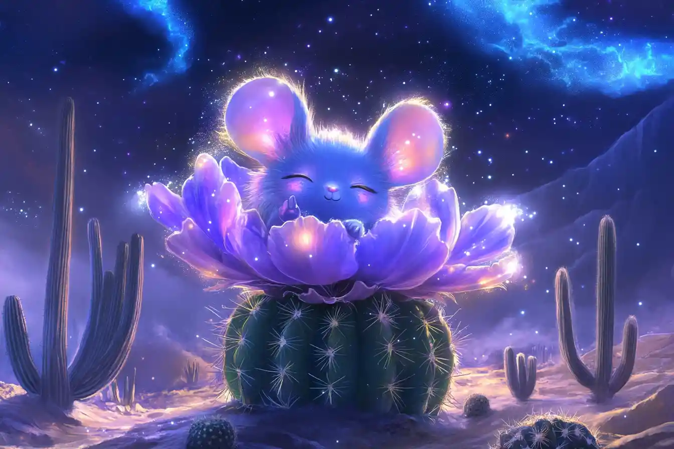 Kawaii chibi cactus mouse glowing on a moonlit desert flower