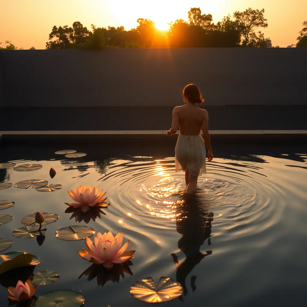Woman entering a tranquil pool at sunset with lotus blooms