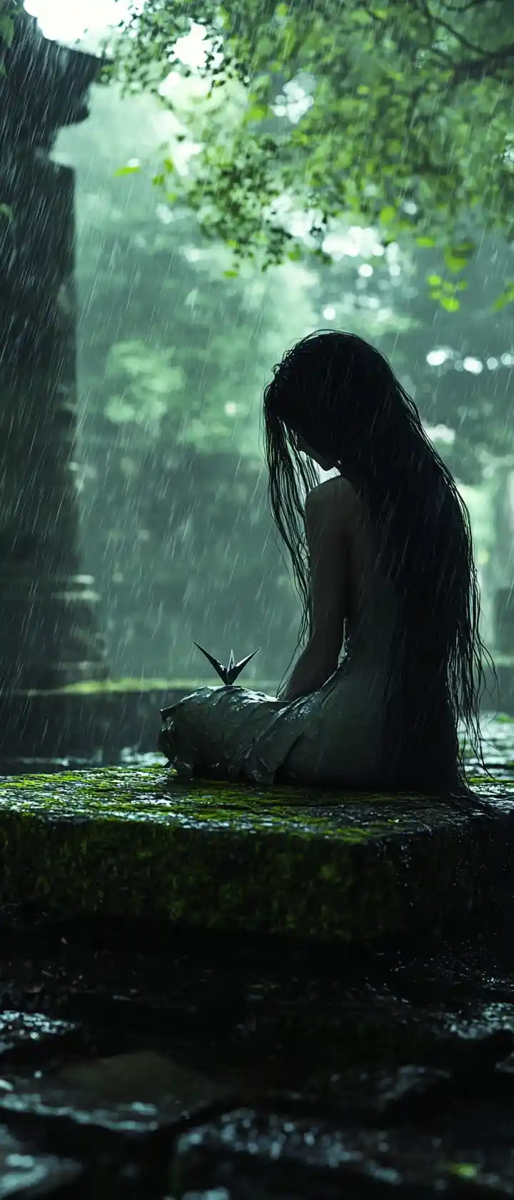 Girl alone on a mossy bench in a ruined courtyard