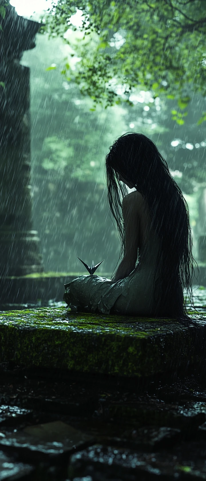 Girl alone on a mossy bench in a ruined courtyard